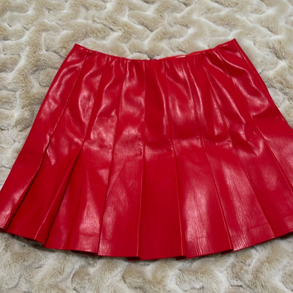 Alice and Olivia vegan red leather pleated skirt